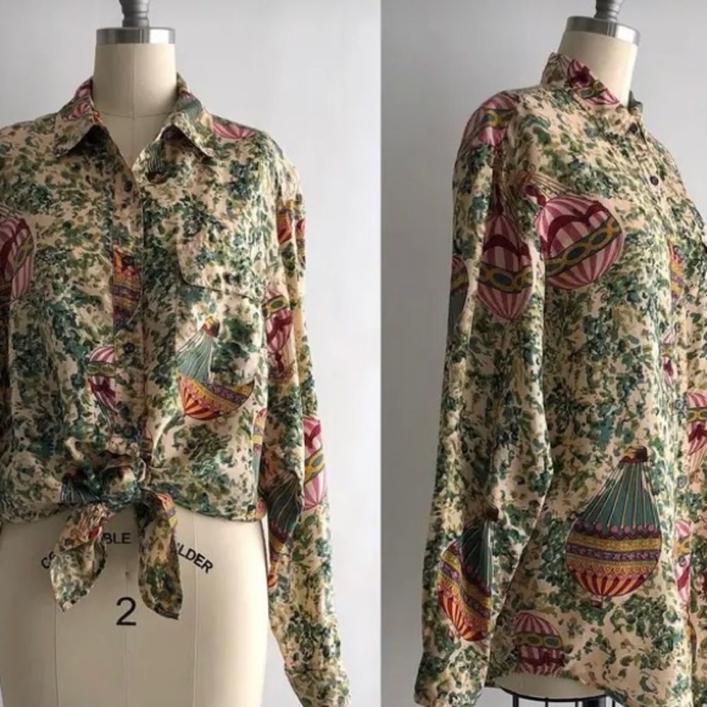 Vintage 90s silk Diane Gillman Hot Air Balloon novelty blouse button up size L - Picture 1 of 12